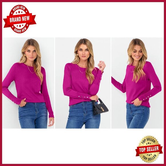 Long Sleeve Crewneck Pullover Sweater with Button Cuffs, 100% Viscose - Picture 8 of 8